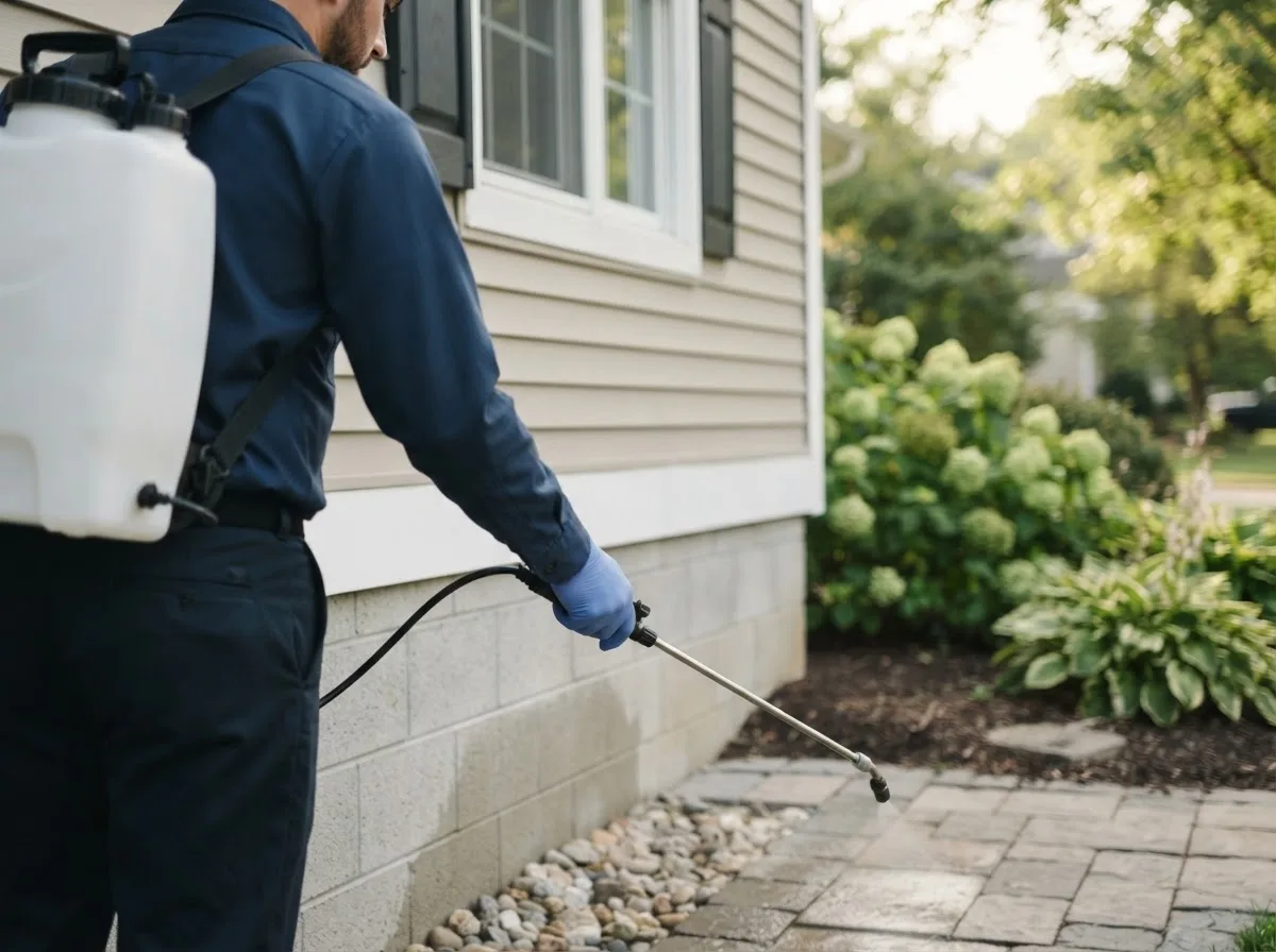 Pest control technician inspecting a home in Seven Mile, OH